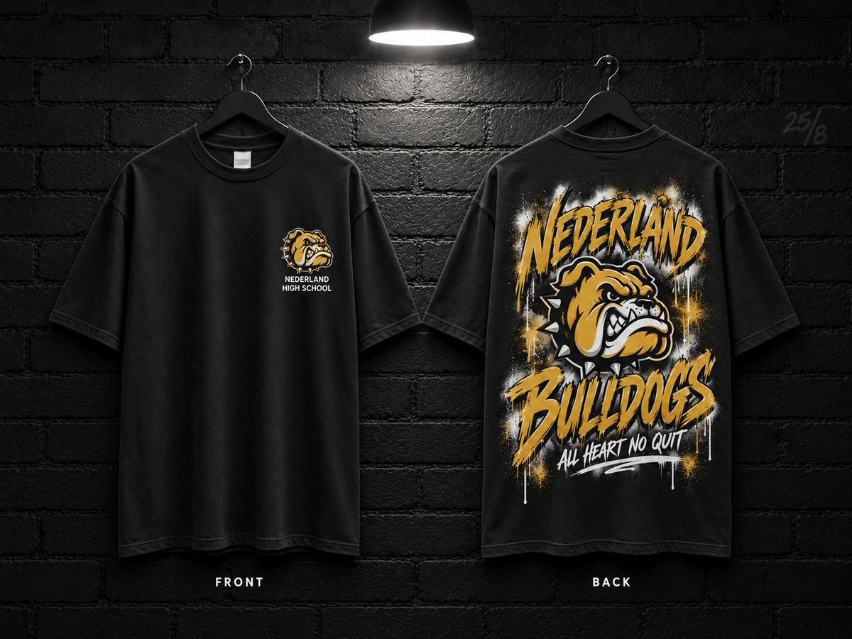 Nederland High School School Script black T-shirt mockup showing the front chest print and large back graphic, with unprinted sleeves.