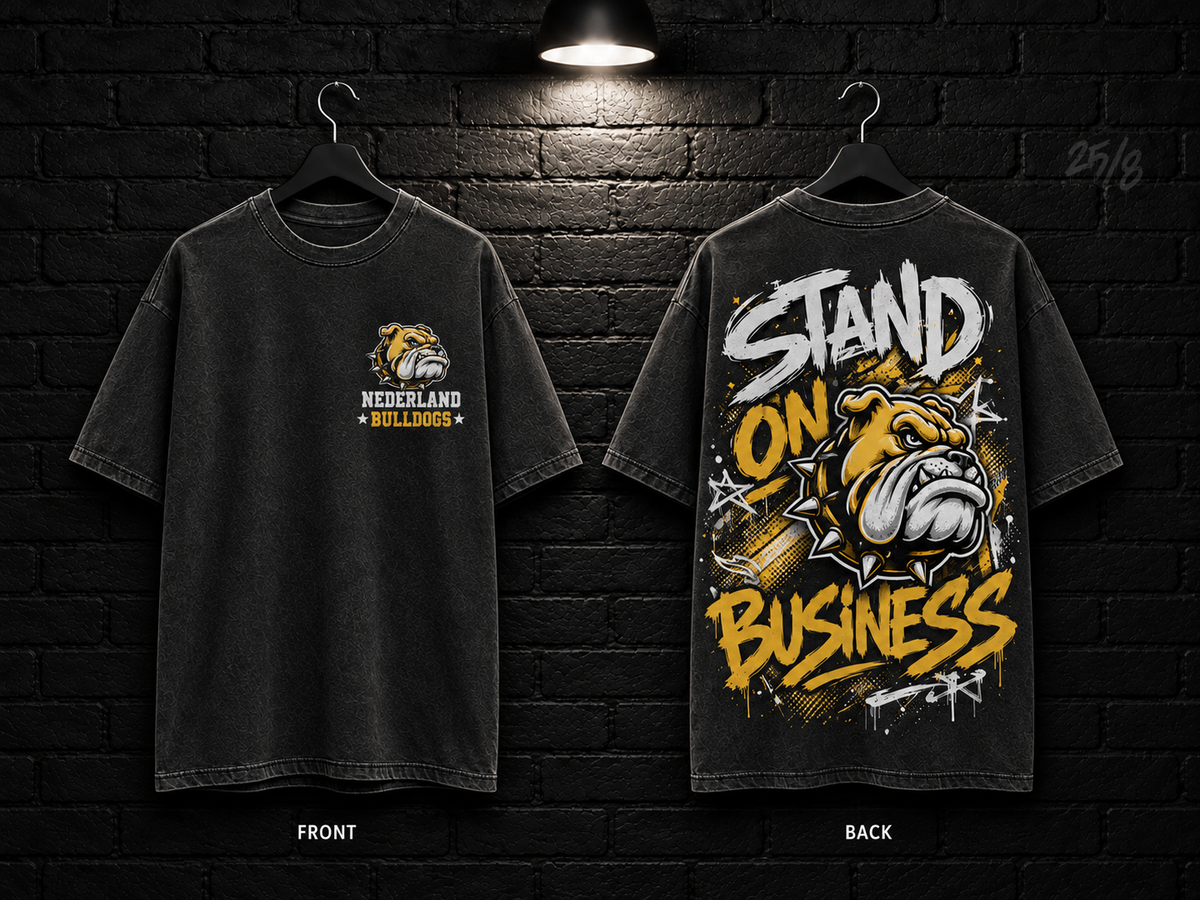 Nederland High School Stand on Business washed charcoal T-shirt mockup showing the front chest print and large back graphic, with unprinted sleeves.