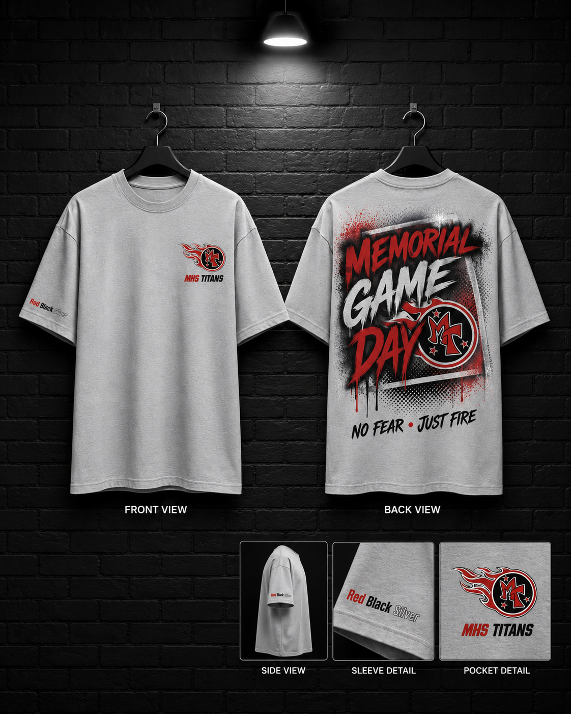Memorial Game Day No Fear Just Fire Tee mockup in light gray, showing small chest graphic and large back graphic.