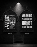 Memorial Titan Pride Shield Crest Tee on the 25/8 matte black brick studio background with black hangers and overhead spotlight