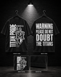 Memorial Titan Pride Sword Crest Tee on the 25/8 matte black brick studio background with black hangers and overhead spotlight