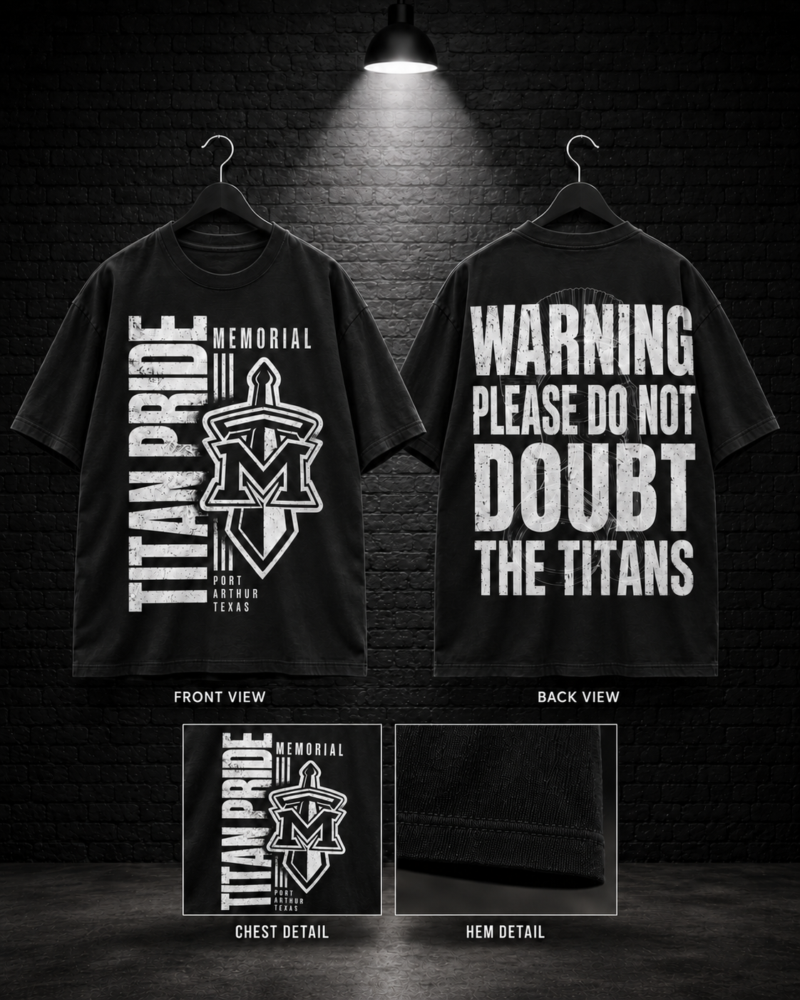 Memorial Titan Pride Sword Crest Tee on the 25/8 matte black brick studio background with black hangers and overhead spotlight