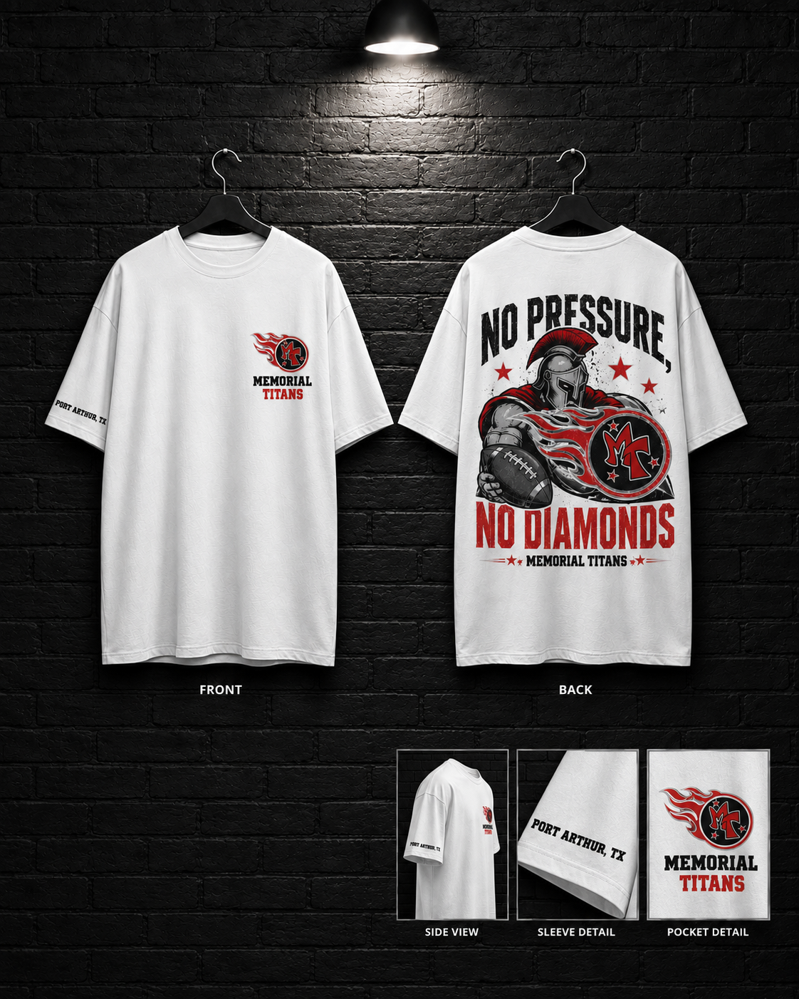 Memorial Titans No Pressure No Diamonds Tee mockup in white, showing small chest graphic and large back graphic.