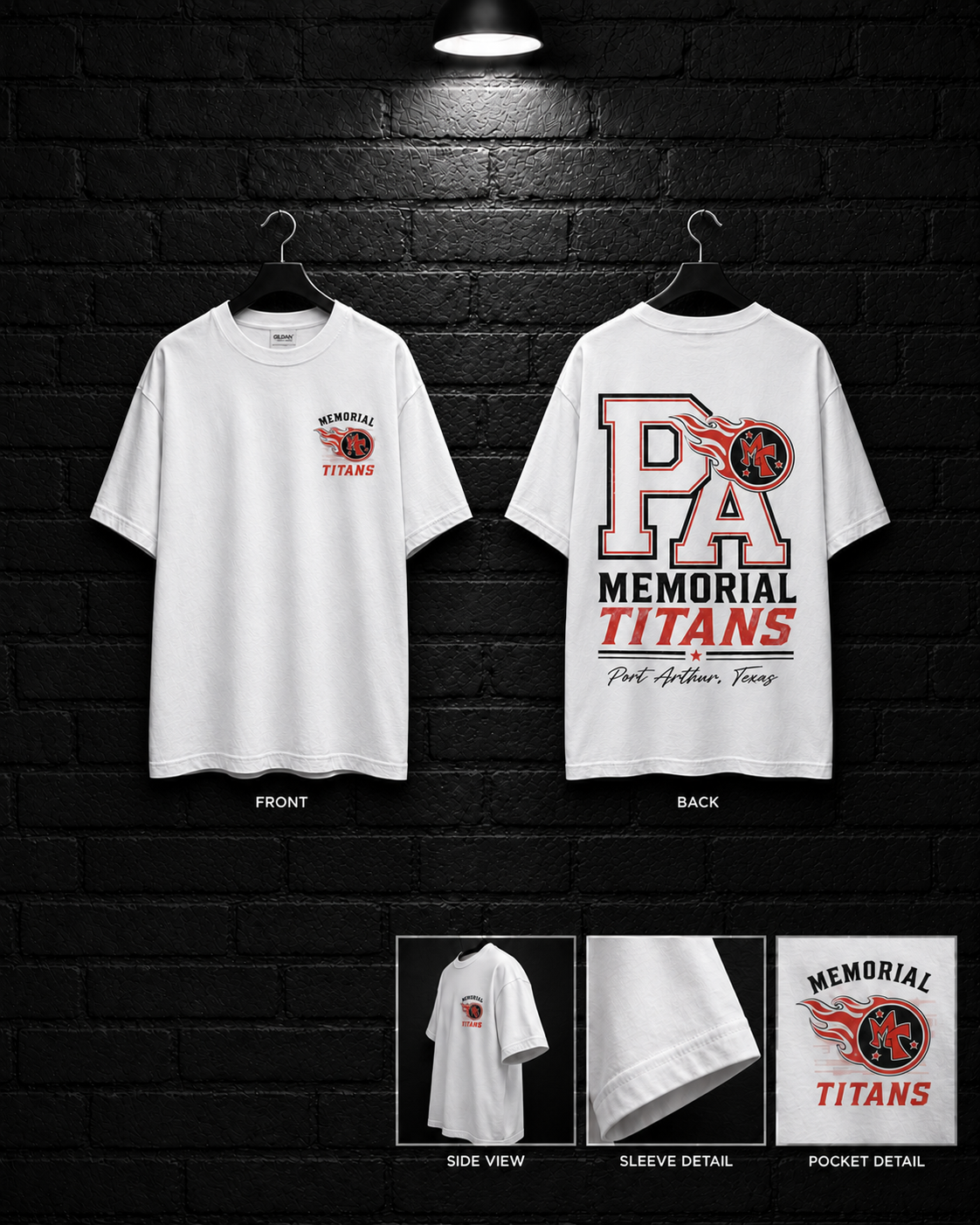 PA Memorial Titans Monogram Tee mockup in white, showing small chest graphic and large back graphic.