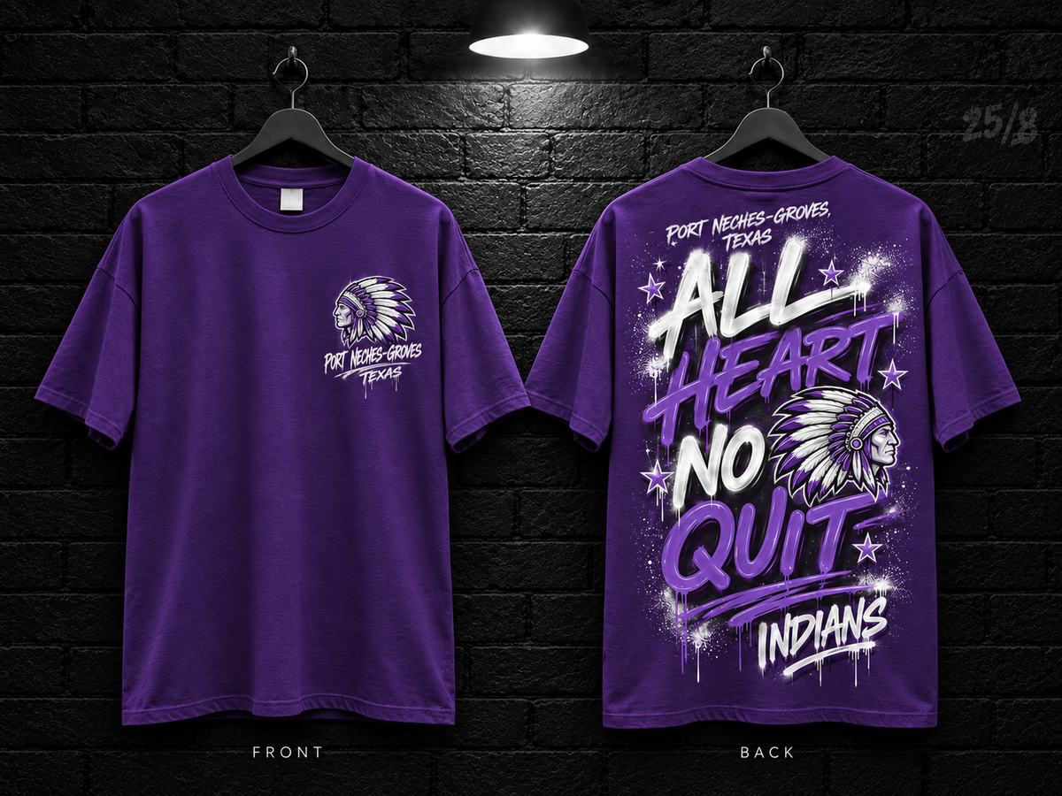 Port Neches-Groves High School All Heart No Quit purple T-shirt mockup showing the front chest print and large back graphic, with unprinted sleeves.