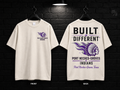 Port Neches-Groves High School Built Different cream T-shirt mockup showing the front chest print and large back graphic, with unprinted sleeves.