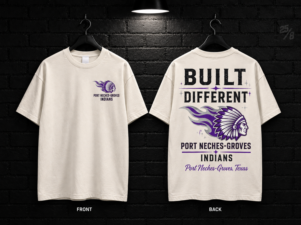 Port Neches-Groves High School Built Different cream T-shirt mockup showing the front chest print and large back graphic, with unprinted sleeves.
