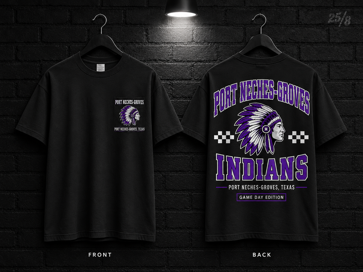 Port Neches-Groves High School Checkerboard black T-shirt mockup showing the front chest print and large back graphic, with unprinted sleeves.