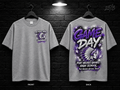 Port Neches-Groves High School Game Day Graffiti heather gray T-shirt mockup showing the front chest print and large back graphic, with unprinted sleeves.