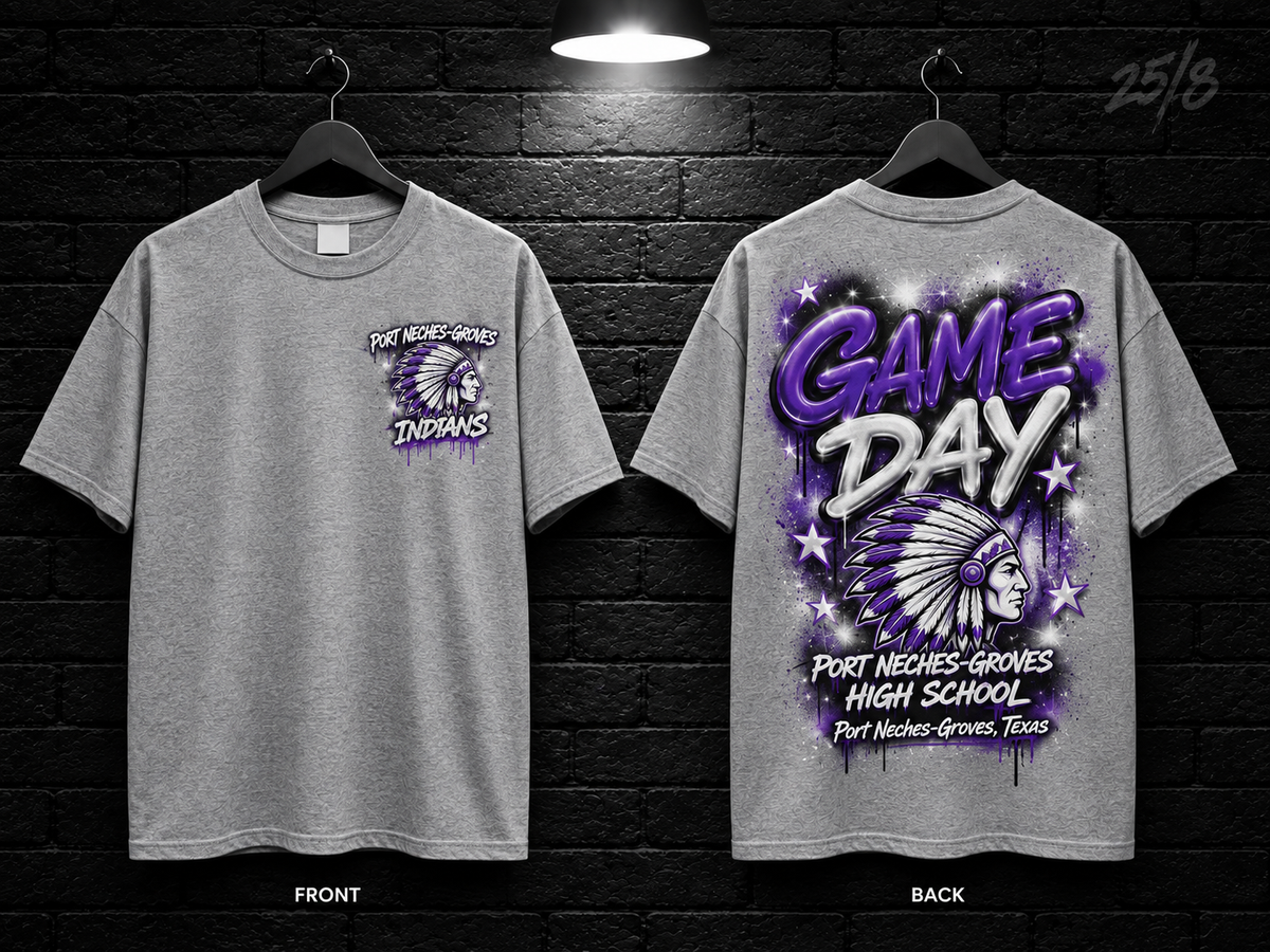 Port Neches-Groves High School Game Day Graffiti heather gray T-shirt mockup showing the front chest print and large back graphic, with unprinted sleeves.