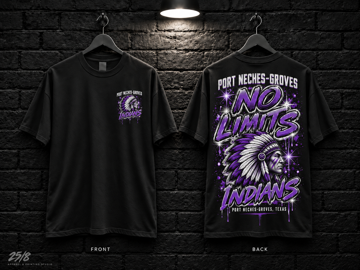 Port Neches-Groves High School No Limits black T-shirt mockup showing the front chest print and large back graphic, with unprinted sleeves.