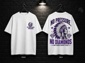 Port Neches-Groves High School No Pressure No Diamonds white T-shirt mockup showing the front chest print and large back graphic, with unprinted sleeves.