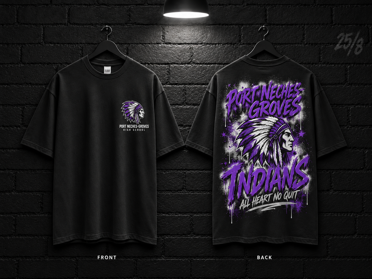 Port Neches-Groves High School School Script black T-shirt mockup showing the front chest print and large back graphic, with unprinted sleeves.