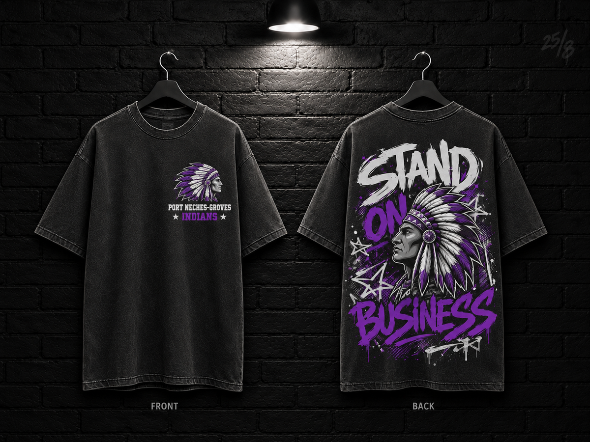 Port Neches-Groves High School Stand on Business washed charcoal T-shirt mockup showing the front chest print and large back graphic, with unprinted sleeves.