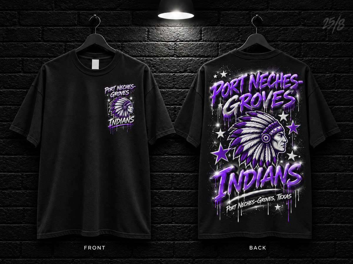 Port Neches-Groves High School Star Graphic black T-shirt mockup showing the front chest print and large back graphic, with unprinted sleeves.