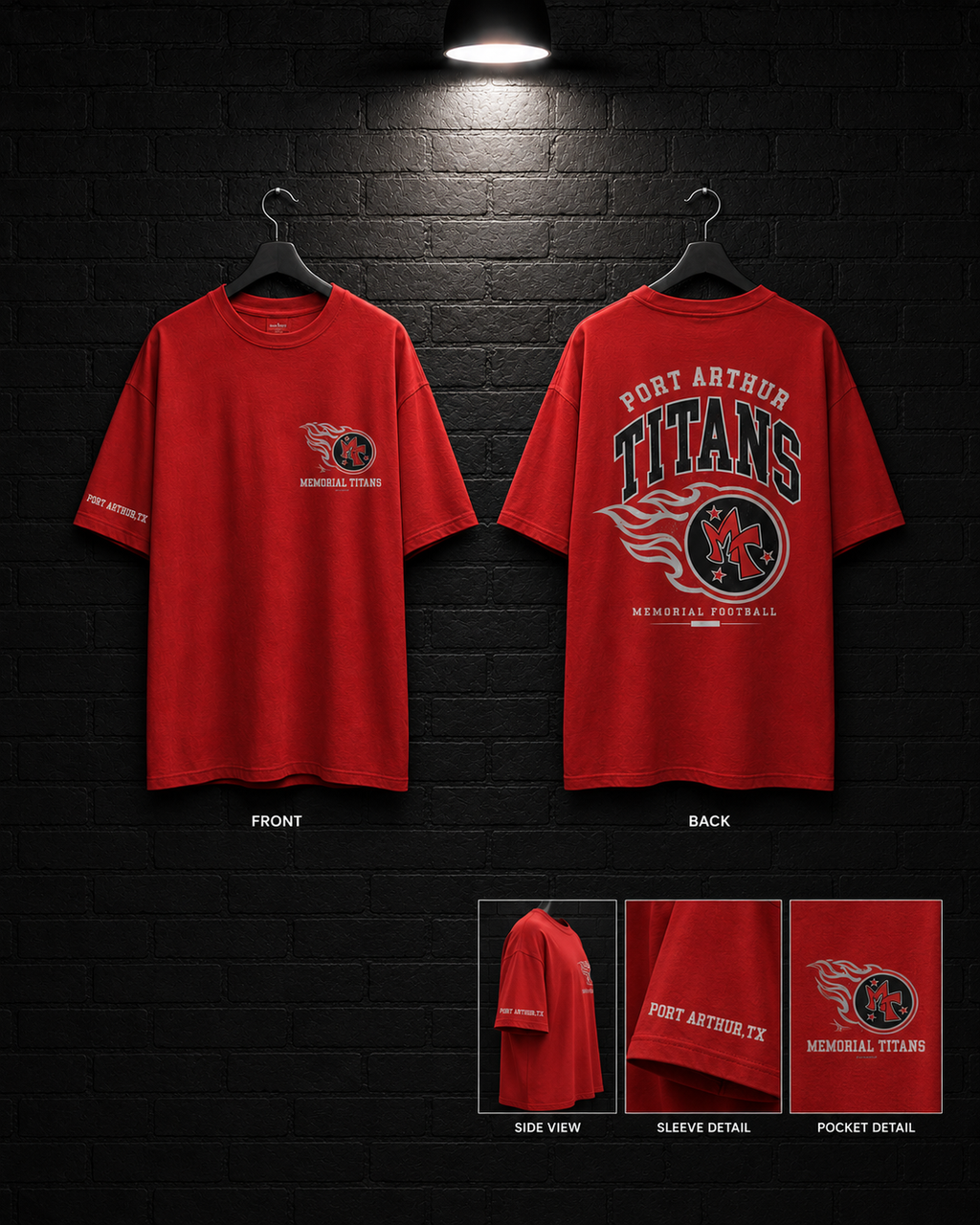 Port Arthur Titans Varsity Arch Tee mockup in red, showing small chest graphic and large back graphic.