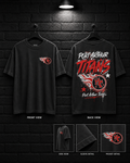 Port Arthur Titans Star Script Tee mockup in black, showing small chest graphic and large back graphic.