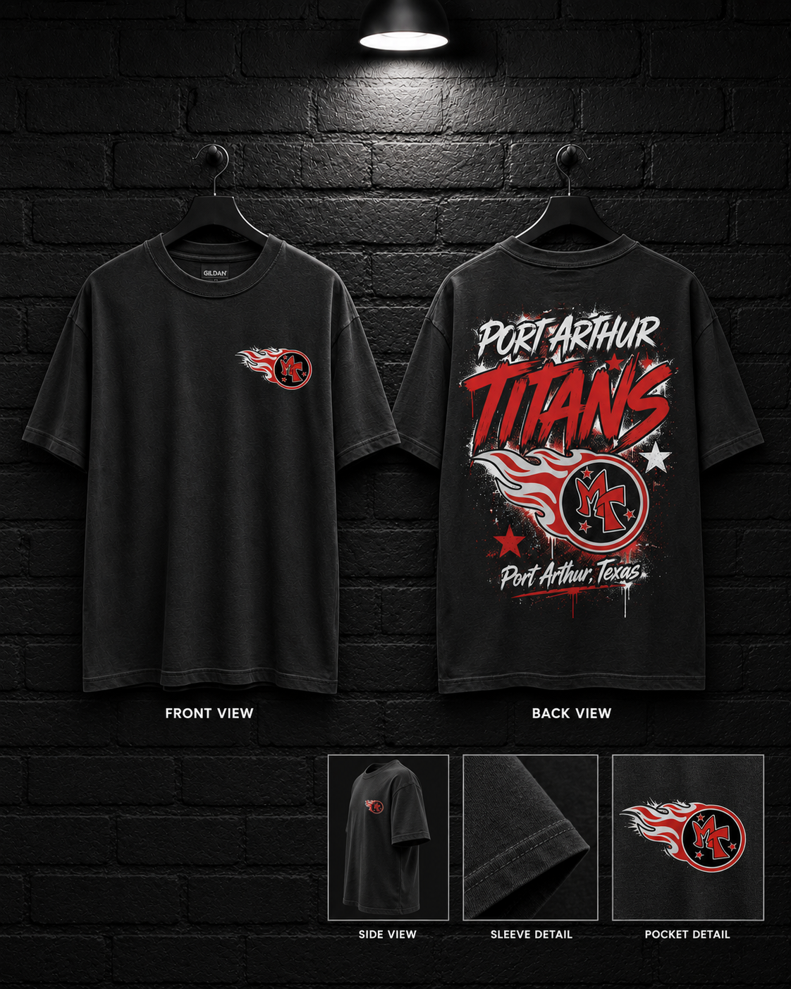 Port Arthur Titans Star Script Tee mockup in black, showing small chest graphic and large back graphic.