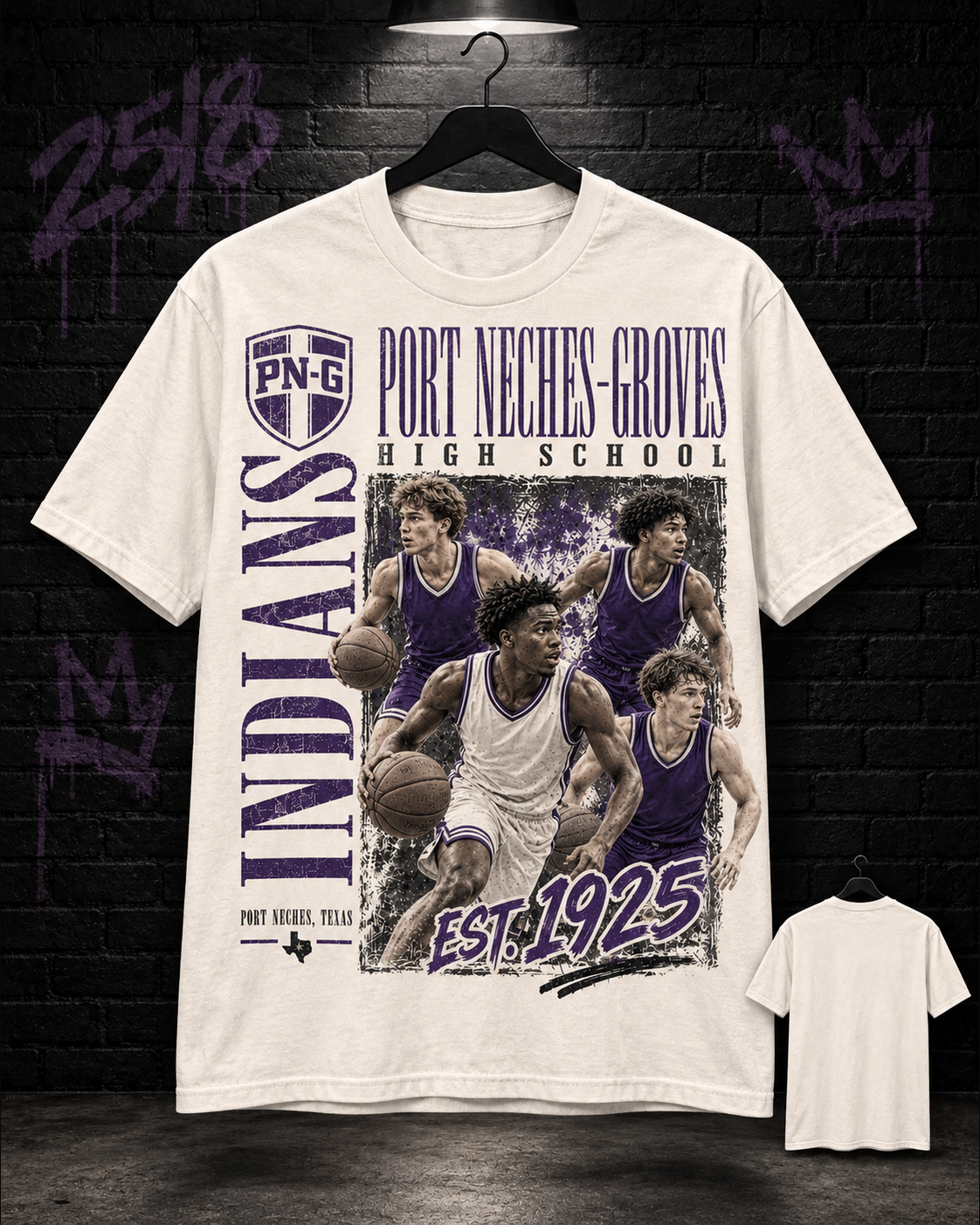 Port Neches-Groves Indians basketball collage natural tee 25/8 mockup