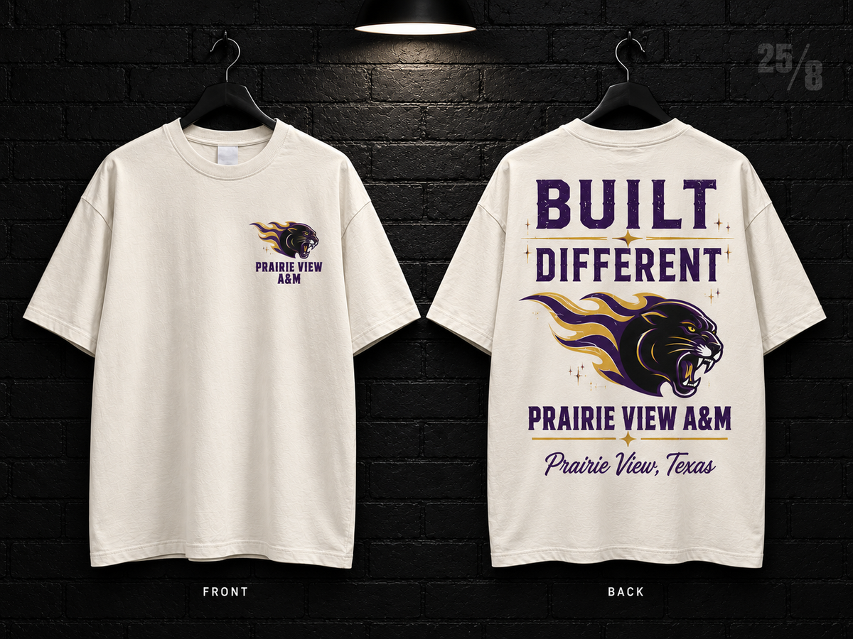 Prairie View A&M University Built Different cream T-shirt mockup showing the front chest print and large back graphic, with unprinted sleeves.