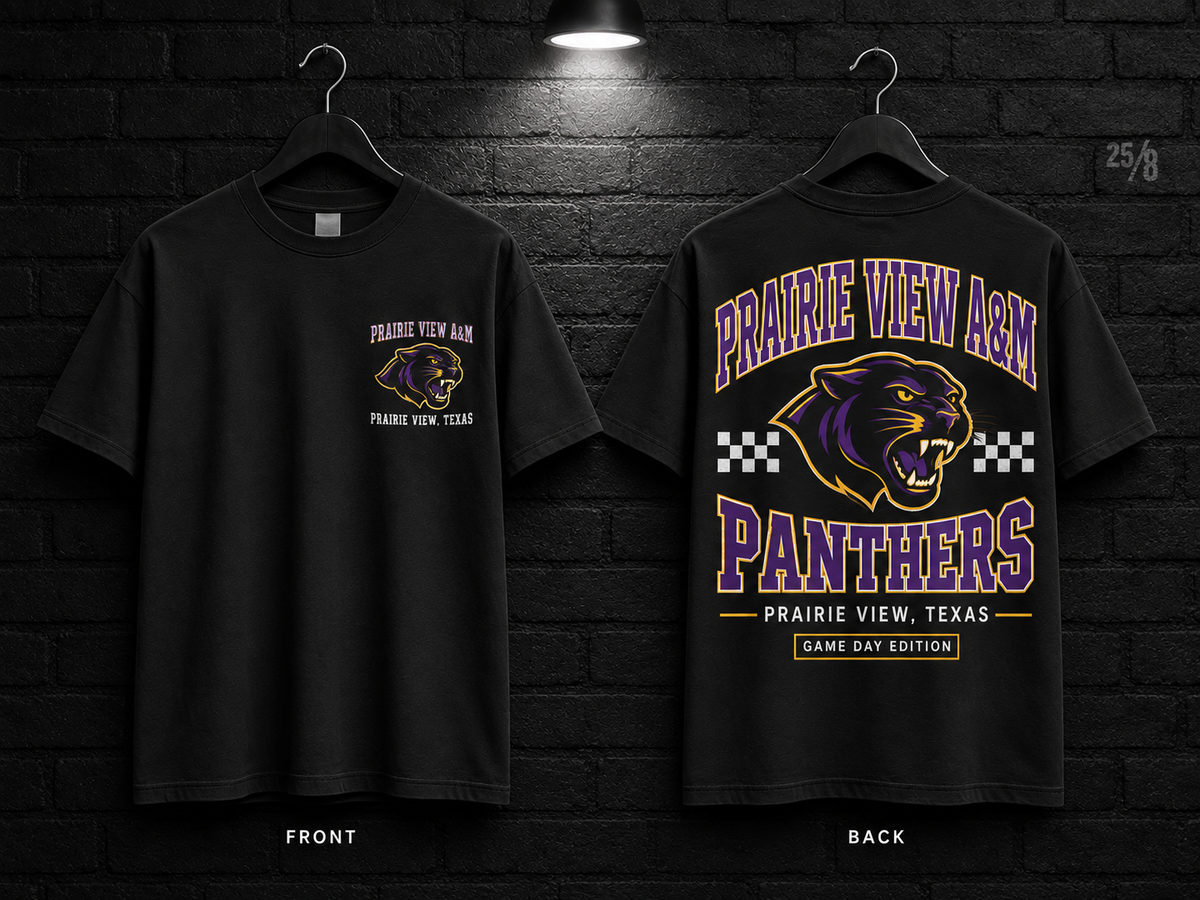 Prairie View A&M University Checkerboard black T-shirt mockup showing the front chest print and large back graphic, with unprinted sleeves.