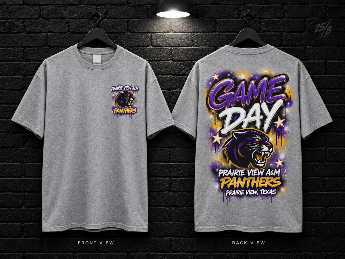 Prairie View A&M University Game Day Graffiti heather gray T-shirt mockup showing the front chest print and large back graphic, with unprinted sleeves.