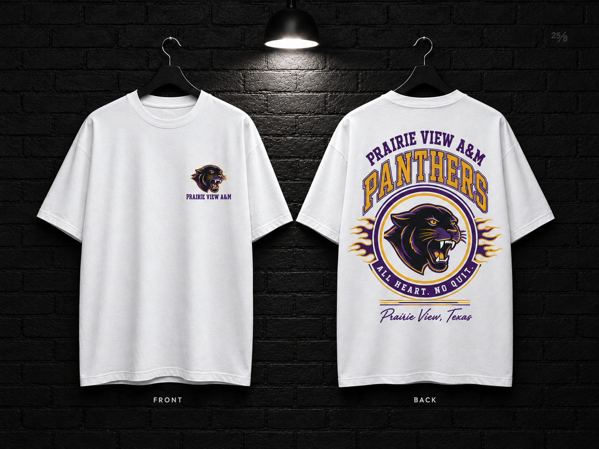 Prairie View A&M University Round Crest white T-shirt mockup showing the front chest print and large back graphic, with unprinted sleeves.