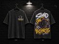 Prairie View A&M University Stand on Business washed charcoal T-shirt mockup showing the front chest print and large back graphic, with unprinted sleeves.