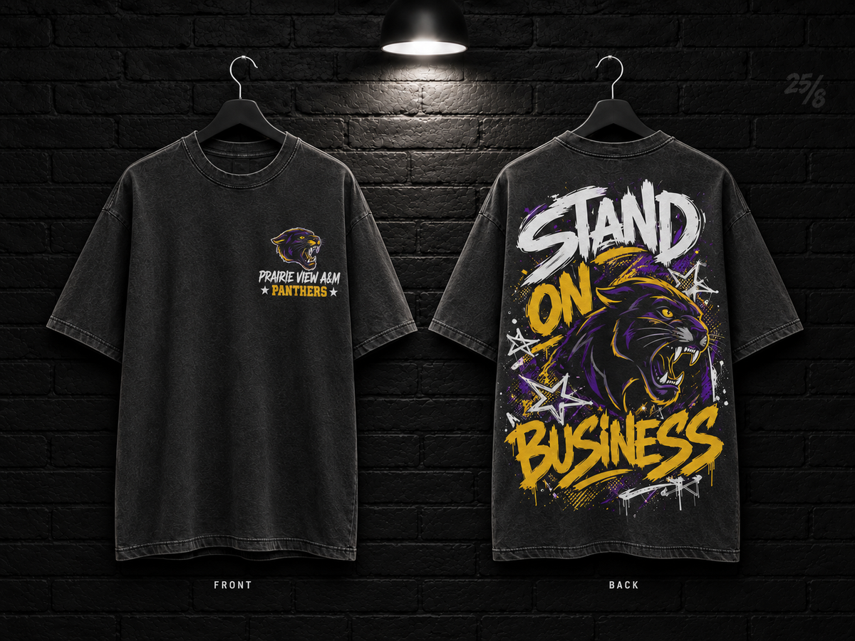 Prairie View A&M University Stand on Business washed charcoal T-shirt mockup showing the front chest print and large back graphic, with unprinted sleeves.