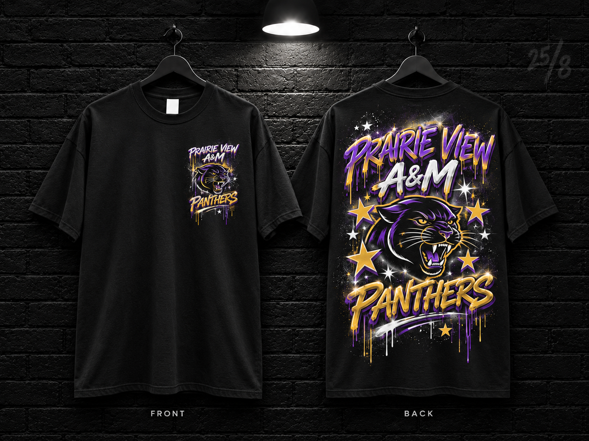 Prairie View A&M University Star Graphic black T-shirt mockup showing the front chest print and large back graphic, with unprinted sleeves.