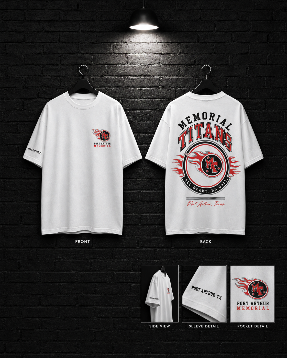 Memorial Titans Round Crest Tee mockup in white, showing small chest graphic and large back graphic.