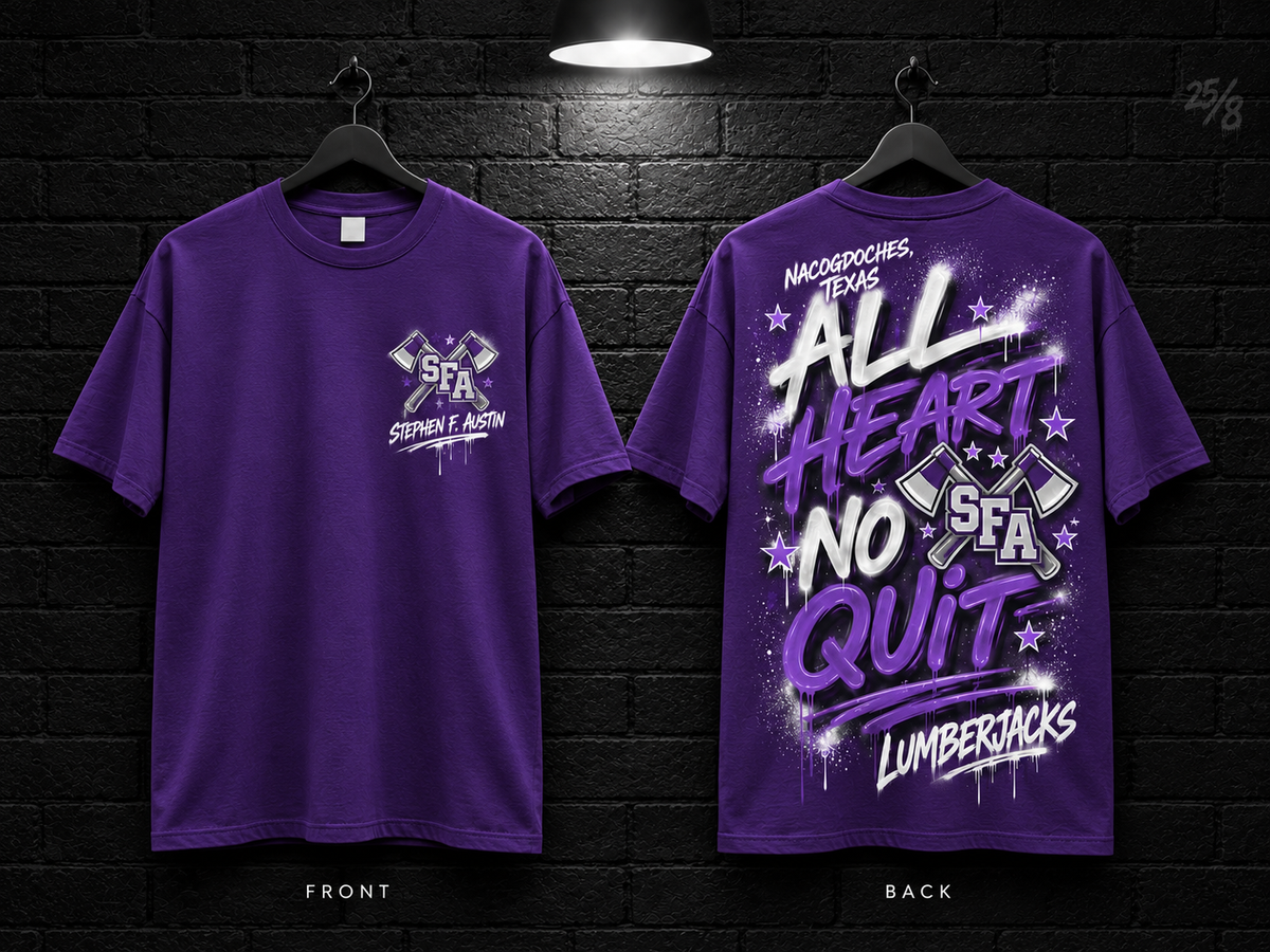 Stephen F. Austin State University All Heart No Quit purple T-shirt mockup showing the front chest print and large back graphic, with unprinted sleeves.