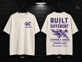 Stephen F. Austin State University Built Different cream T-shirt mockup showing the front chest print and large back graphic, with unprinted sleeves.