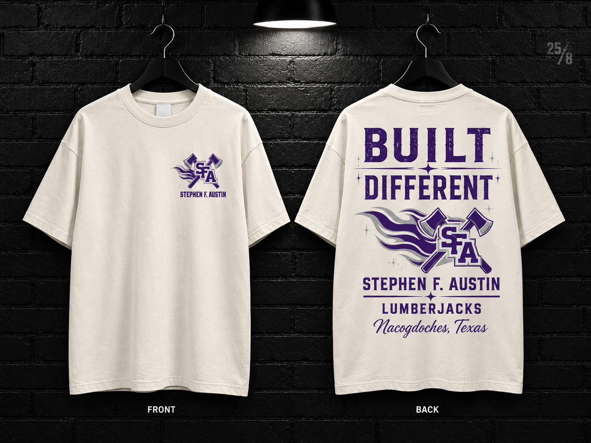 Stephen F. Austin State University Built Different cream T-shirt mockup showing the front chest print and large back graphic, with unprinted sleeves.