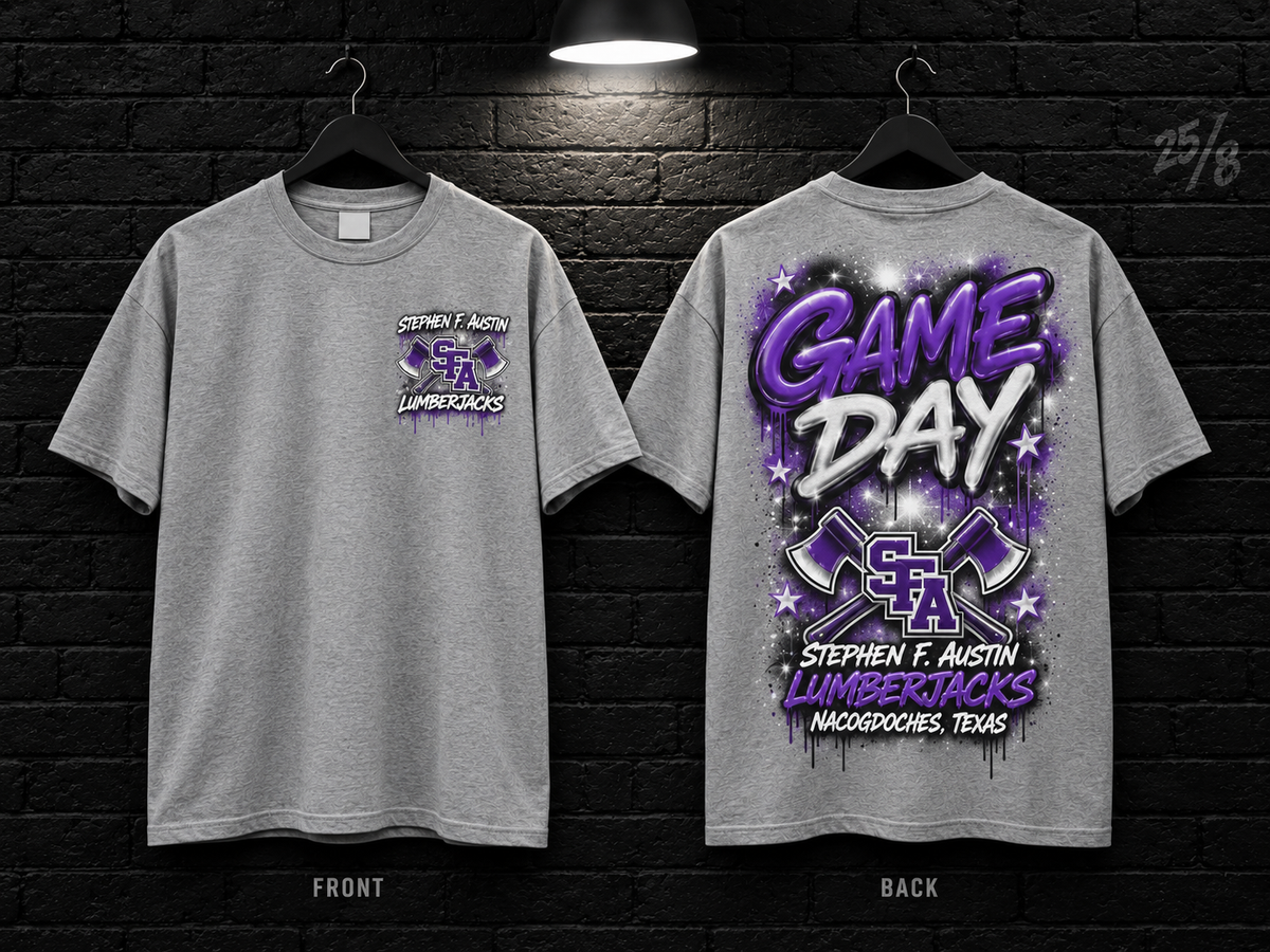 Stephen F. Austin State University Game Day Graffiti heather gray T-shirt mockup showing the front chest print and large back graphic, with unprinted sleeves.