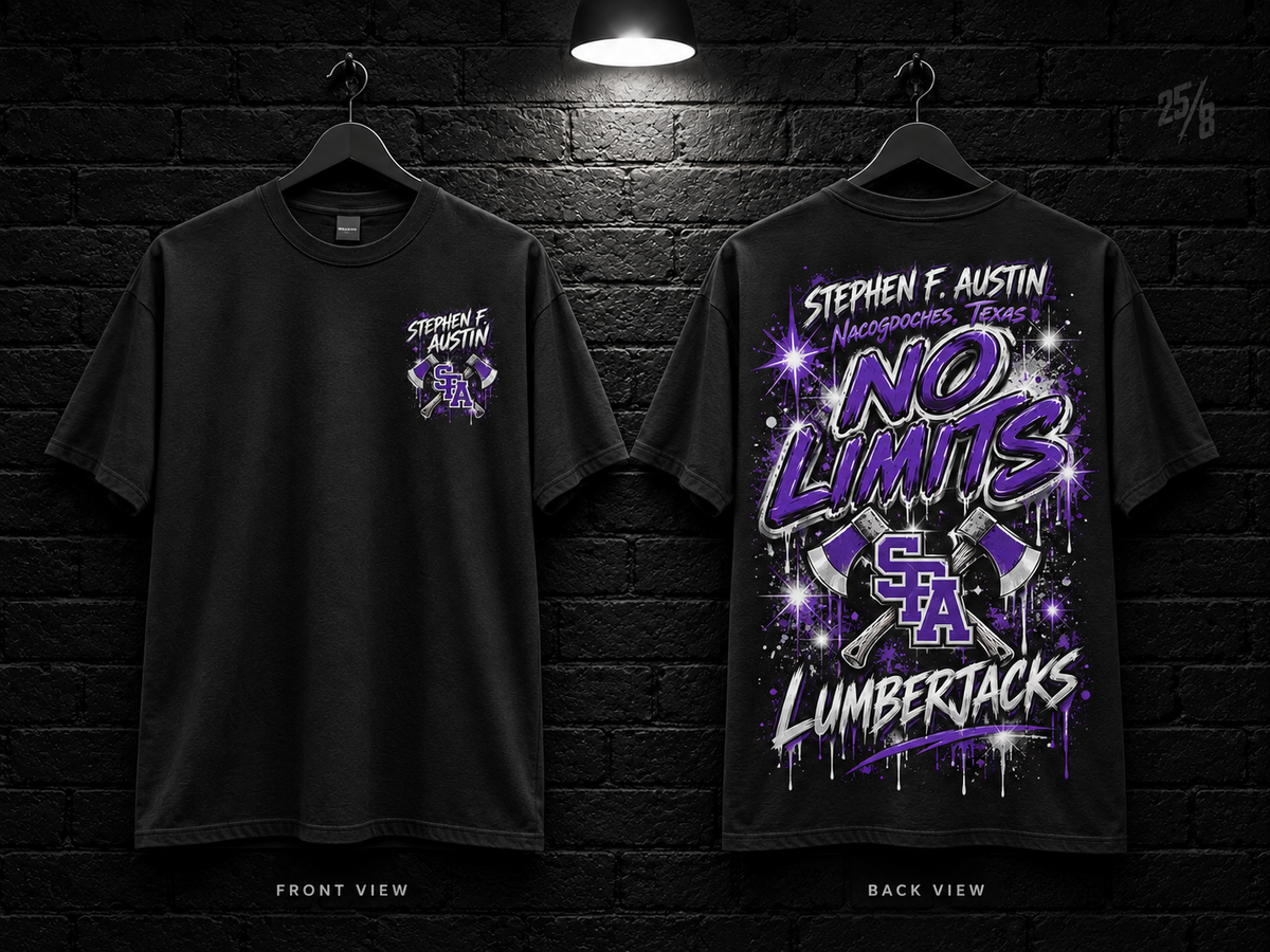 Stephen F. Austin State University No Limits black T-shirt mockup showing the front chest print and large back graphic, with unprinted sleeves.