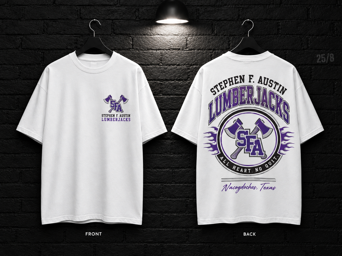 Stephen F. Austin State University Round Crest white T-shirt mockup showing the front chest print and large back graphic, with unprinted sleeves.