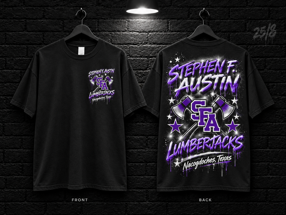 Stephen F. Austin State University Star Graphic black T-shirt mockup showing the front chest print and large back graphic, with unprinted sleeves.