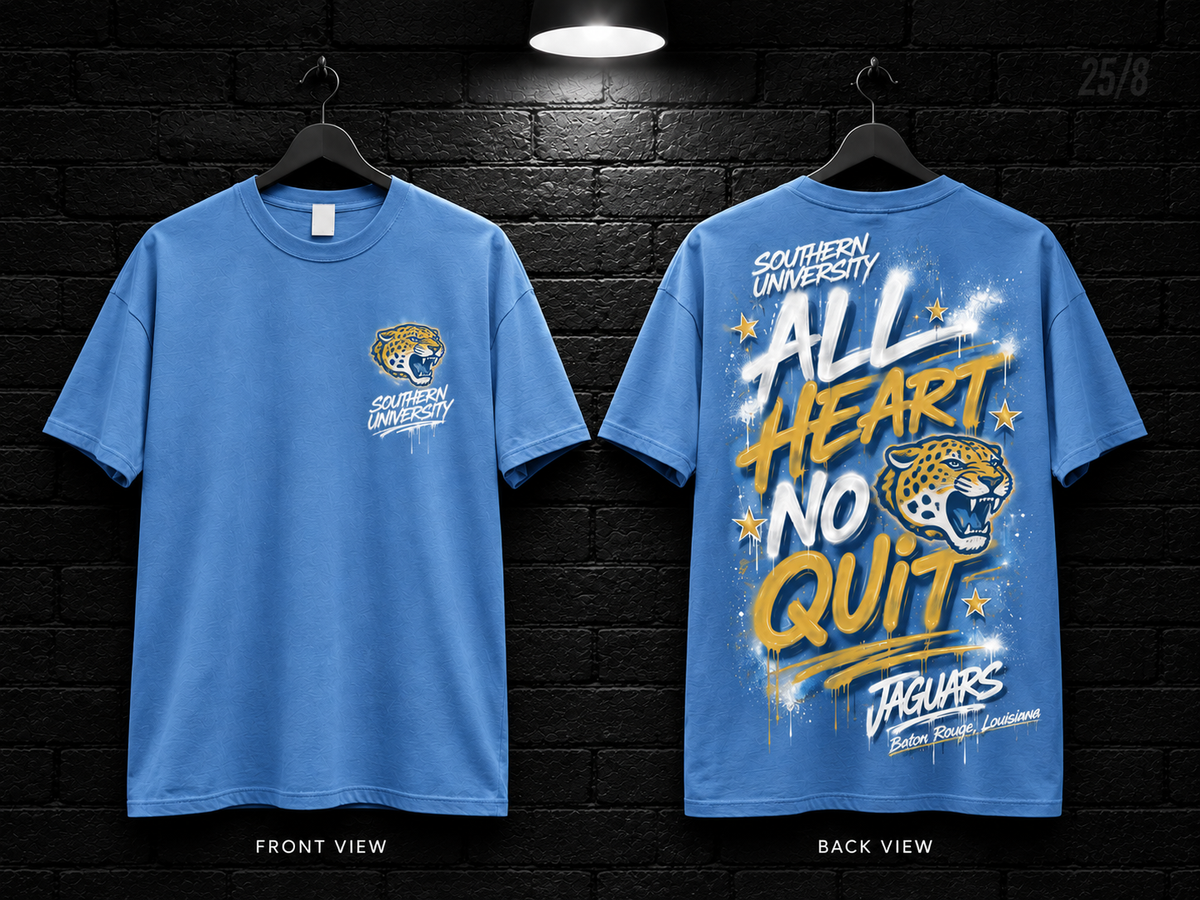 Southern University All Heart No Quit Columbia blue T-shirt mockup showing the front chest print and large back graphic, with unprinted sleeves.