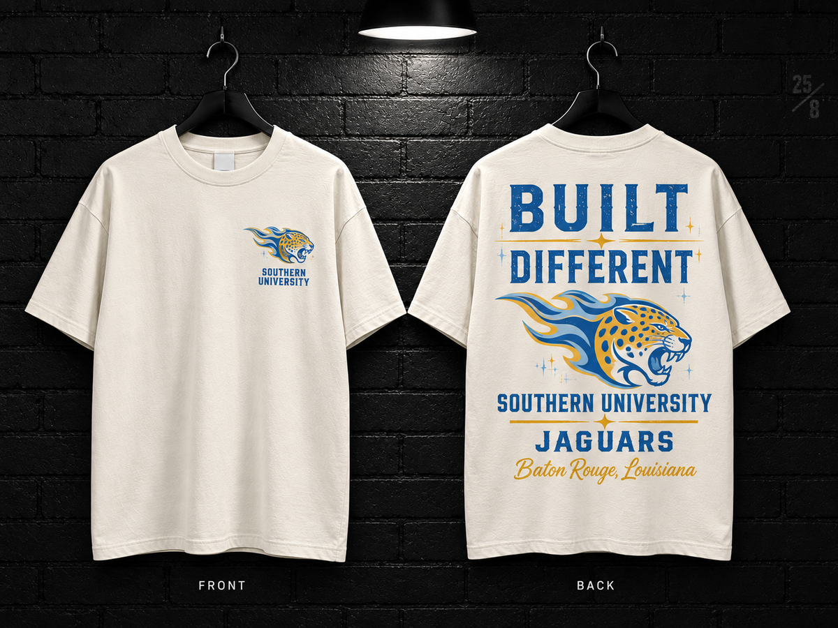 Southern University Built Different cream T-shirt mockup showing the front chest print and large back graphic, with unprinted sleeves.