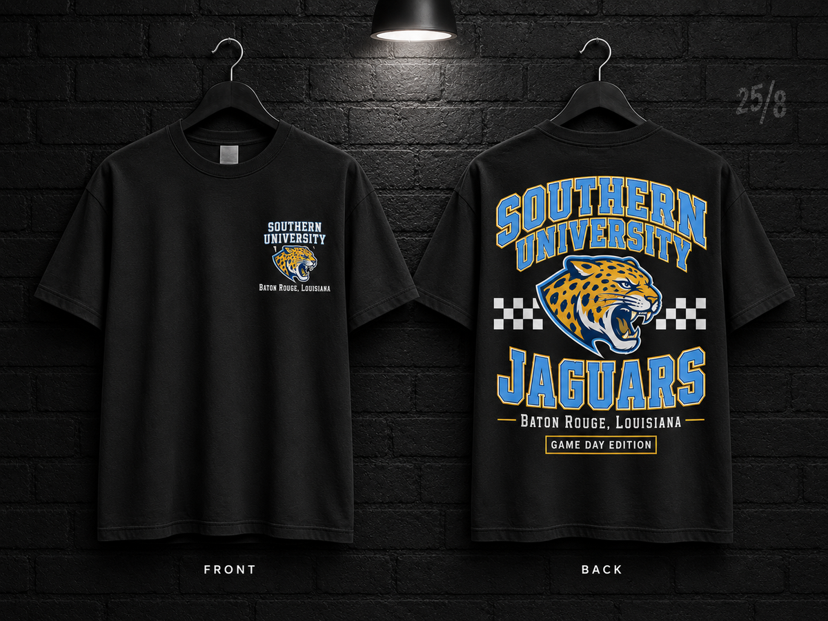 Southern University Checkerboard black T-shirt mockup showing the front chest print and large back graphic, with unprinted sleeves.