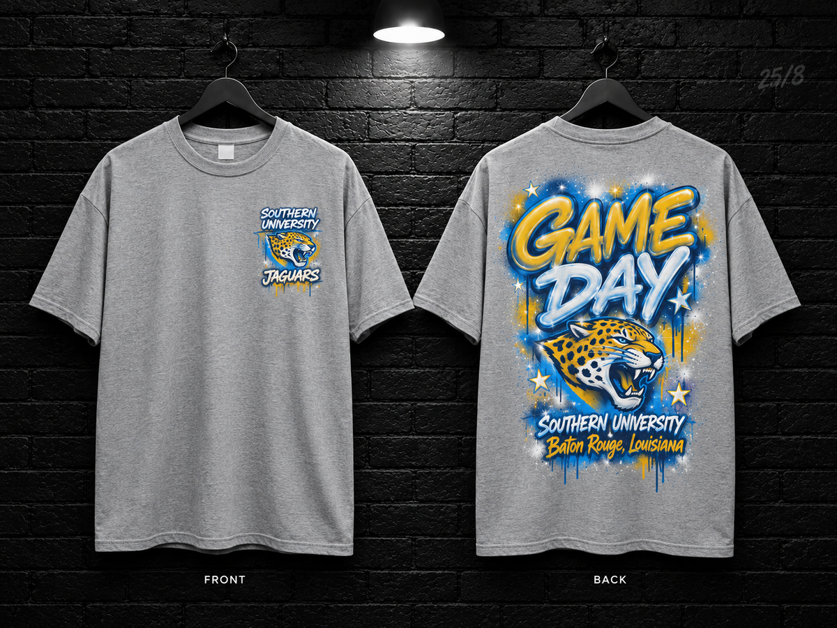 Southern University Game Day Graffiti heather gray T-shirt mockup showing the front chest print and large back graphic, with unprinted sleeves.