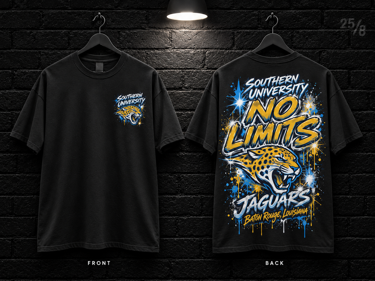 Southern University No Limits black T-shirt mockup showing the front chest print and large back graphic, with unprinted sleeves.