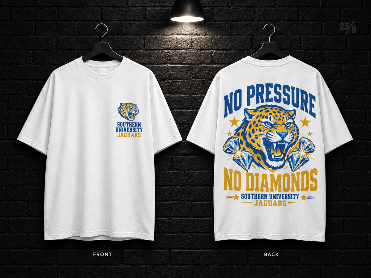 Southern University No Pressure No Diamonds white T-shirt mockup showing the front chest print and large back graphic, with unprinted sleeves.