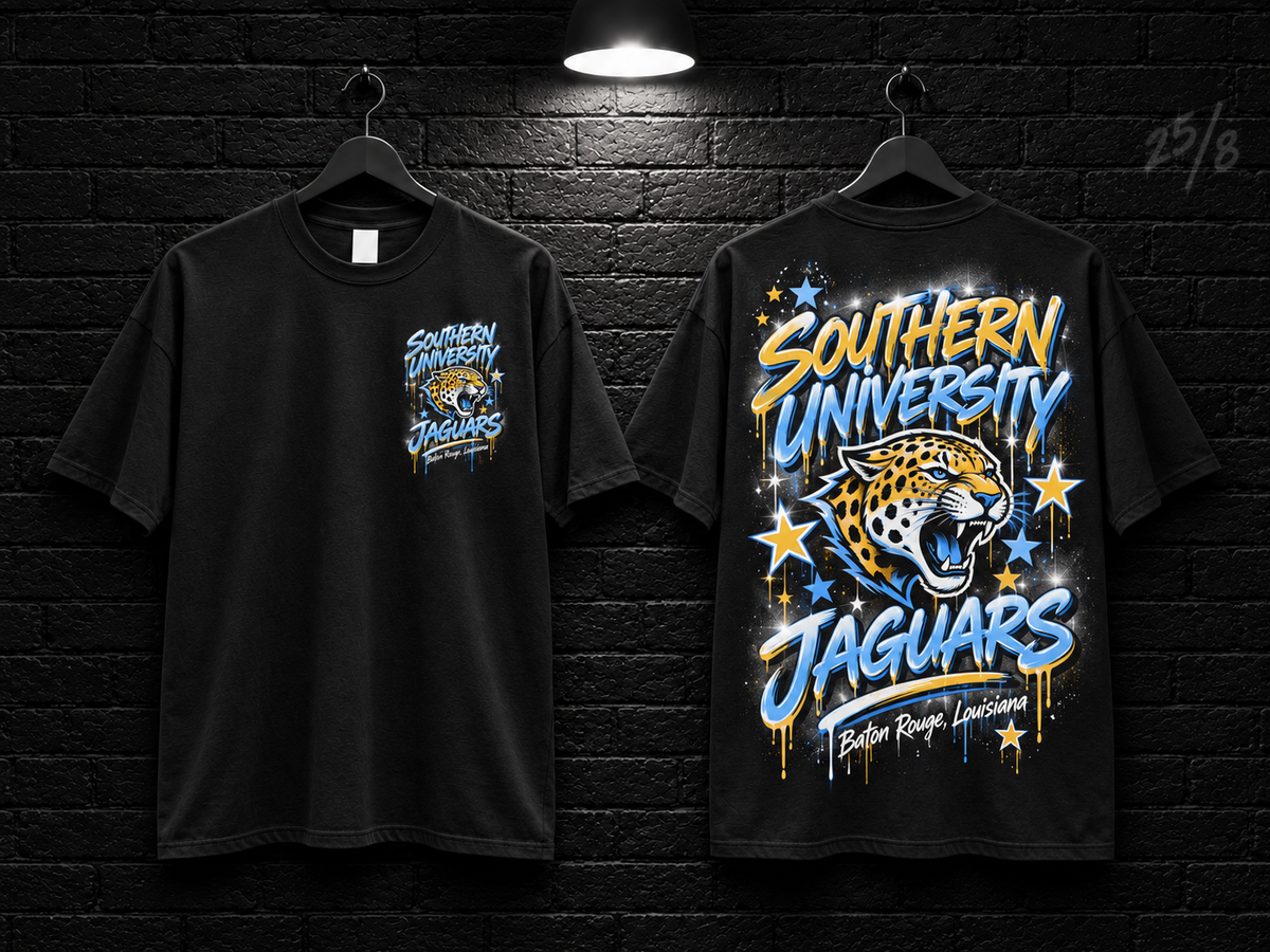 Southern University Star Graphic black T-shirt mockup showing the front chest print and large back graphic, with unprinted sleeves.
