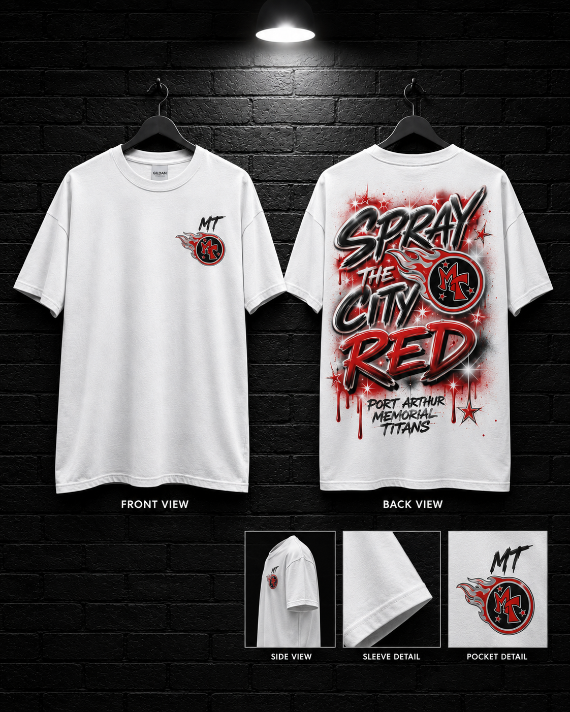 Memorial Titans Spray the City Red Tee mockup in white, showing small chest graphic and large back graphic.