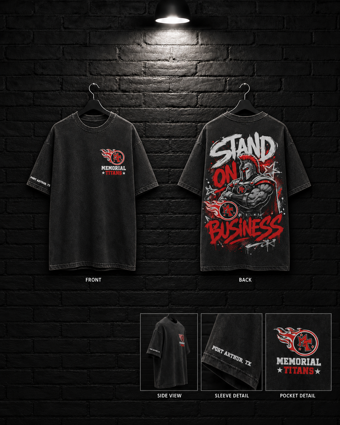Memorial Titans Stand on Business Tee mockup in black / charcoal appearance, showing small chest graphic and large back graphic.