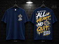 Tekoa Academy All Heart No Quit navy T-shirt mockup showing the front chest print and large back graphic, with unprinted sleeves.