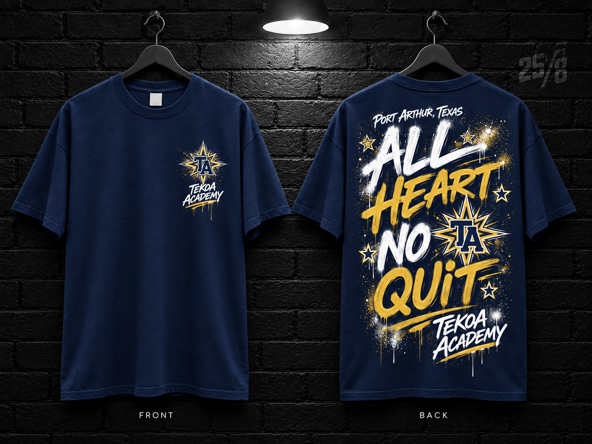 Tekoa Academy All Heart No Quit navy T-shirt mockup showing the front chest print and large back graphic, with unprinted sleeves.