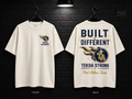 Tekoa Academy Built Different cream T-shirt mockup showing the front chest print and large back graphic, with unprinted sleeves.